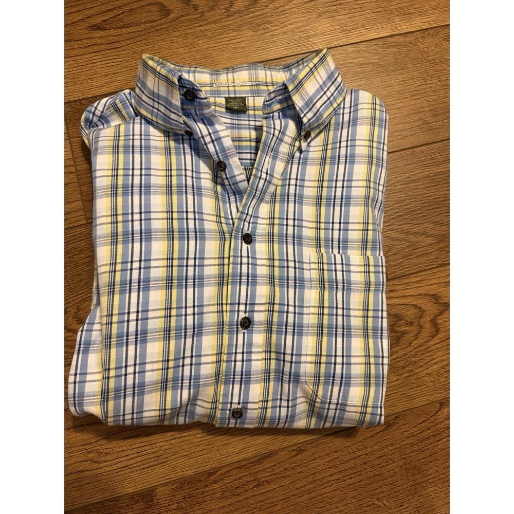 Eddie Bauer Mens Large Tall LT Plaid Button Down Shirt Blue Yellow Cotton Sp 09